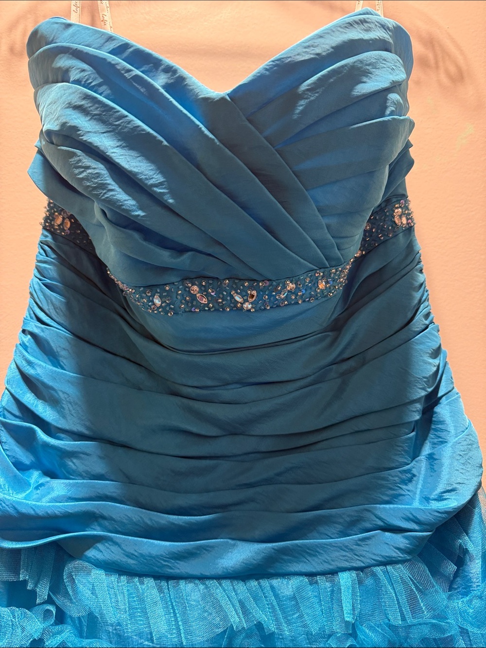 Strapless Ruffled Turquoise Evening Dress - Picture 3 of 8